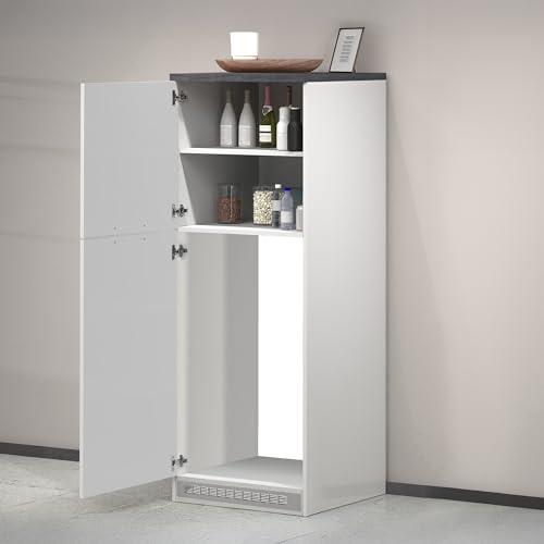 Dmora - Buffet de Cuisine Plinio, Armoire Polyvalente, Meuble de kitchenette, Support réfrigérateur Multifonctionnel, 100% Made in Italy, 60x60h165 cm, Blanc Brillant et Ardoise