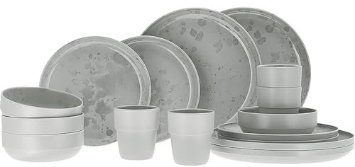 Travellife Melamin Geschirr Set Palma Camping Reise Keramik Optik 16 teilig Light Grey
