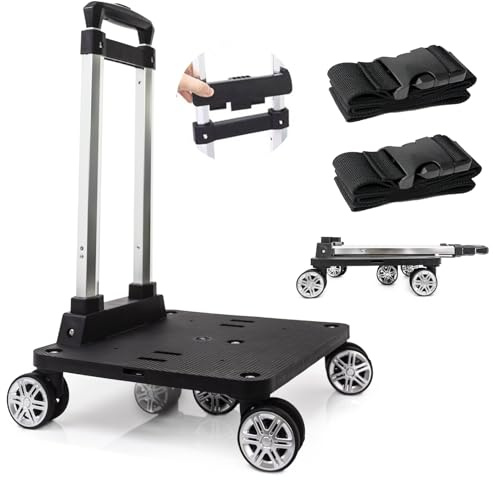 Chariot à dos pliable en alliage d'aluminium avec 5 roues pivotantes et grande base, chariot à bagages avec sangle, diable pliable pour transporteurs d'animaux domestiques
