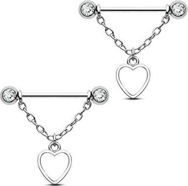 CM Crareesi Mania Heart Nipple Piercing Jewellery Dangly Chain Nipple Bars Silver Nipple Ring 14G Nipple Barbells 316L Stainless Steel Body Piercing Jewellery