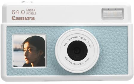 64MP 4K 18x Zoom Autofocus - Cámara digital retro con pantalla de 2,8 pulgadas, luz de relleno LED, varios filtros, para fotos y vídeos claros, batería de larga duración (verde claro y blanco)