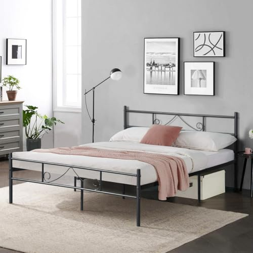 FurnitureR 4ft6 Double Metal Bed Frame Nordic Modern Style,Metal Poweder Coated Bed With Sturdy Slat for Teenagers/Adults/Twins,for Bedroom, Student Dorm, with a unique design of the headboard,Black