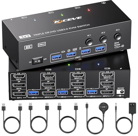 KVM Switch 3 Monitors 3 Computers 8K@60Hz, ANGEET HDMI Displayport Triple Monitor KVM Switch,3 Monitor KVM with 4 USB 3.0 Ports for Keyboard Mouse Printer, Wired Remote and Power Adapter Included