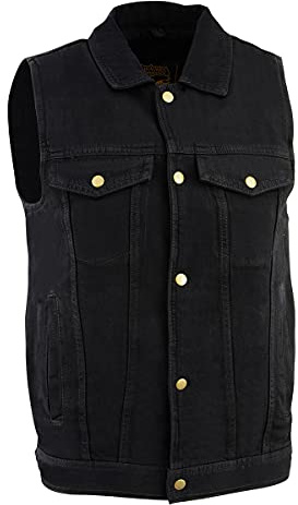 Milwaukee Leather DM1331 Men's Black Denim Motorcycle Biker Riders Vest w/Shirt Style Collar - Medium