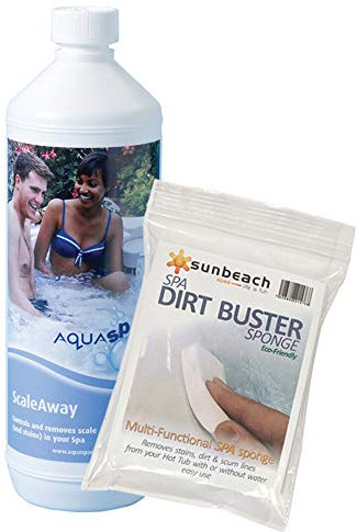 AQUASPARKLE 1L ScaleAway Cleaner for Hot Tubs & Spa with FREE Sunbeach Dirt Buster Sponge