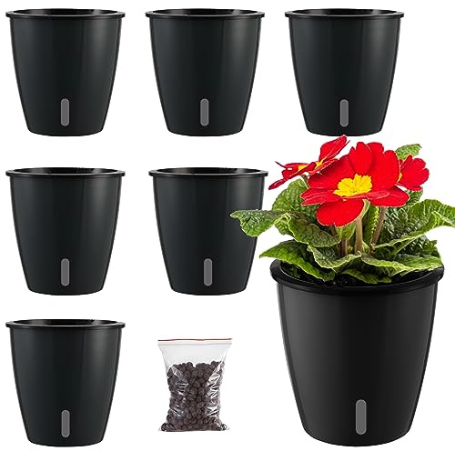 Planterhoma 5 Inch Self Watering Pots for Indoor Plants, 6 Packs African Violet Pots with Indicator, Black Wick Pot with Drainage Holes, Self Watering Planters for Orchid, Devil's Ivy, Black