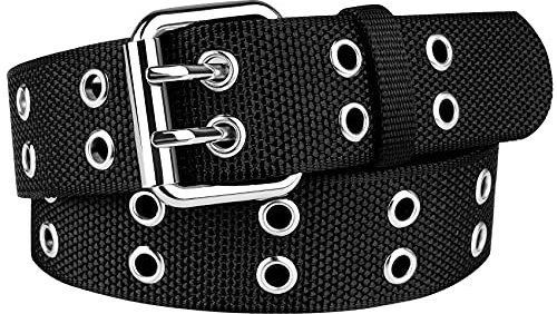 Drizzte Ceinture Homme 100-170cm Grande Taille Cloutée Double Oeillet Ceinture Toile Unisexe Noire