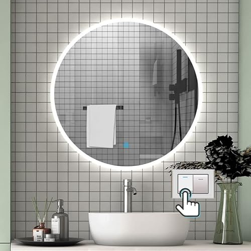Aica Sanitär LED-spegel rund 50 cm kall/neutral/varmvit, dimbar, minnesfunktion, väggbrytare/touch-brytare, dimfri LED-spegel, väggspegel