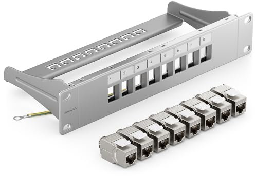 deleyCON 8 Porto Pannello Delle Patch Set Modulare 1 IU 10 Pollici Montaggio Rack + 8x RJ45 Keystone Moduli CAT6a Compatibile con CAT5 CAT6 CAT7 LAN Cavi di Rete Cavi di Posa Grigio