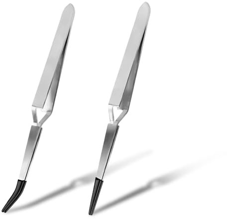 2pcs Craft Tweezers, Reverse Stainless Steel Cross Locking Tweezers Straight & Bend Curved Pointed Rubber Tips Soldering Tweezers Reverse Action Tweezers for Jewelry Making Crafting