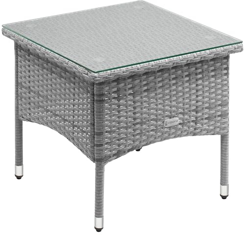 CASARIA® Mesita de Centro Poliratán 50x50x45cm Carga hasta 80Kg Mesa Auxiliar Jardín Ajustable en Altura Tablero Vidrio Resistente Intemperie Gris Oscuro