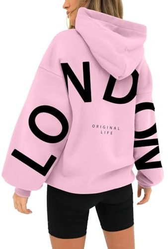 HUIFUAO London Felpe con cappuccio da donna UK oversize felpe da donna con stampa lettere pullover con cappuccio da donna con tasca e coulisse