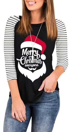 LACOZY Maglietta natalizia da donna, casual, con maniche a 3/4, a righe, con grafica divertente, Maniche a righe, XXL