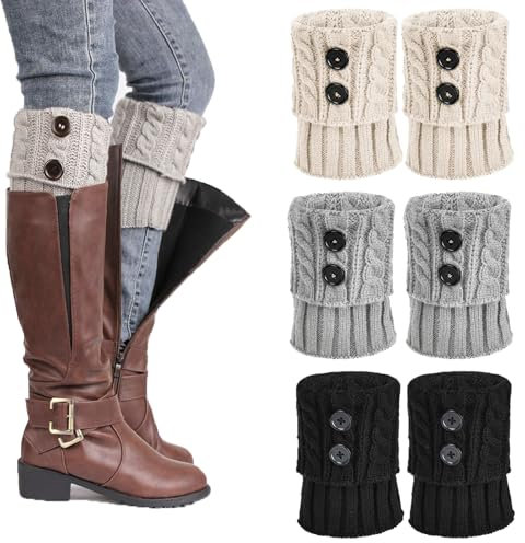 ATSNOSH 3 Paar Stulpen Damen Mädchen, Winter Beinwärmer, Kurze Beinwärmer, Boot Abdeckung, Stricken Kurze Knopf Leg Warmers, Weich Knöchelwärmer Bein Stulpen, Warm und Bequem (3 Paar, Einheitsgröße)