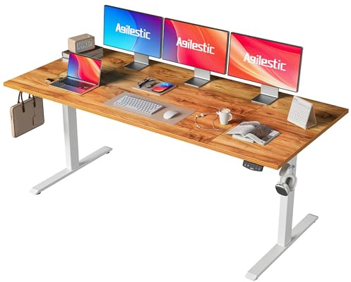 Agilestic Escritorio Elevable Eléctrico 180x80 cm, 2 Memorias, Marrón Claro | Altura eléctrica regulable, sistema anticolisión y motor silencioso. Carga 70 kg, ideal para oficina y gaming.