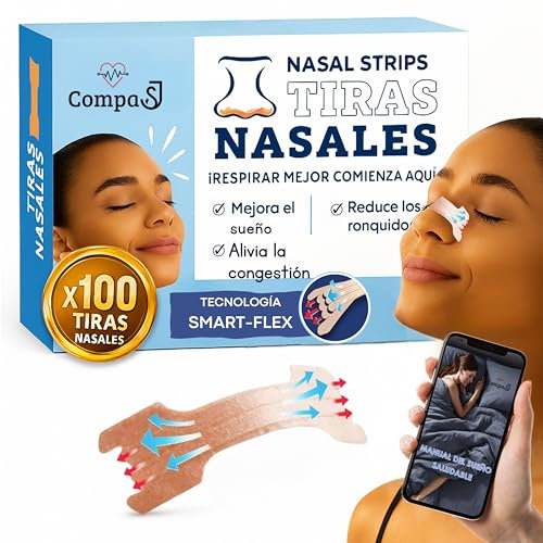 PACK PRO 100 UDS Tiras Nasales Antironquidos para Dormir, Alivia la Congestión Nasal, Breathe Right. Anti Ronquidos Nariz, Antirronquidos Para una Mejor Respiración al Dormir. Nasal strips - 66 x 19