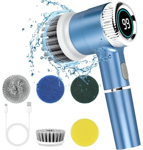 Elektrische Reinigungsbürste, IPX7 Reinigungsbürste Elektrisch, Elektrische Bürste mit 5 Bürstenköpfen, Digitale LED-Leistungsanzeige, elektrische putzbürste für Küche, Bad und Auto