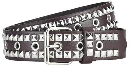 NUREINSS Punk bälte | pyramidstensöljetter metallnitar och PU-konstläder | Justerbar för jeans, klänningar, gotiska kläder | 3,8 cm bredd | perfekt för konserter, fester och vardag, BRUN, En Storlek