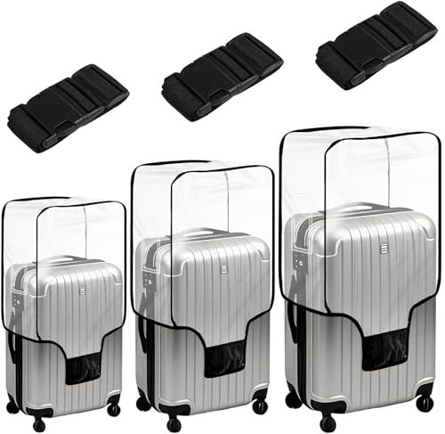 Hlimior Kofferhülle 3 Stück (20/24/28 Zoll) – Transparente Kofferschutzhülle + 3 Koffergurte – Wasserdicht & Staubdicht Reisegepäck Abdeckung, Kratzschutz für Koffer