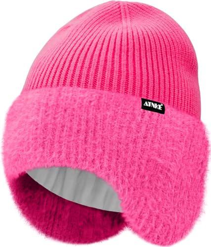 ATNKE Stickad mössa med öronskydd för män och kvinnor, stretchig tjock varm fleece foder dagligt vintermjukt ullslag dött huvud keps gåvor, röd rosa, One size