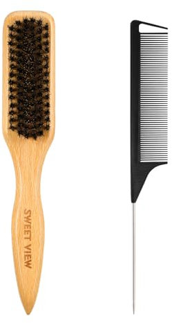 SWEET VIEW Boar Bristle Slick Back Hair Brush for Smooth Flyaways, Frizz, Sleek Ponytail, Buns and Edge Baby Hair, Teasing | Gel Comb, Styling Accessories for Girls, Kids and Women