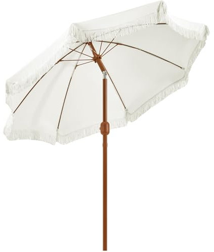 Yaheetech Sonnenschirm mit Fransen Gartenschirm mit Kurbel UV Schutz Klappbarer Romantischer Ø 215 cm Terrassenschirm ohne Ständer Glasfaserrippen Sonnenschutz, Cremeweiß