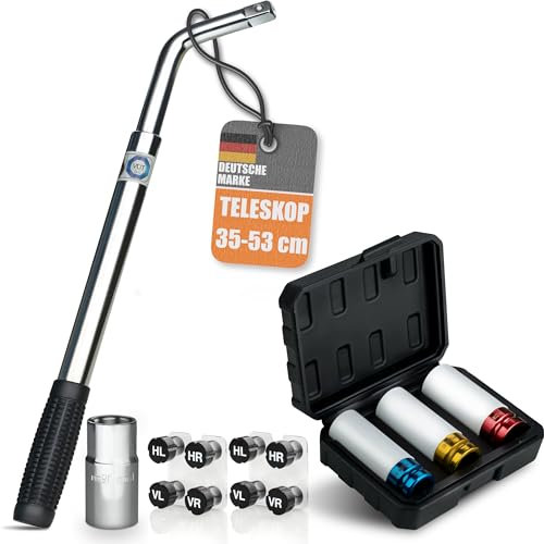 bonsport Teleskop Radmutternschlüssel Auto 17/19mm - Inkl. 3er-Set Felgenüsse & 8er-Set Reifenmarkierer - Radschlüssel ausziehbar - 1/2 Zoll Radschraubenschlüssel