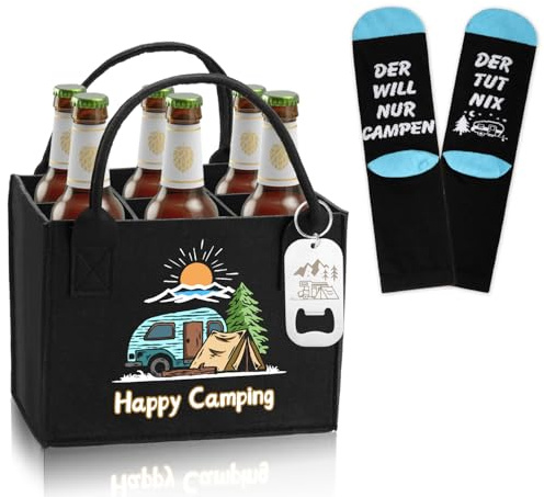 Set regalo da campeggio, 3 pezzi, regalo per camper, decorazione da campeggio, borsa da uomo per birra, divertente apribottiglie con motivo roulotte, accessori per campeggiatori