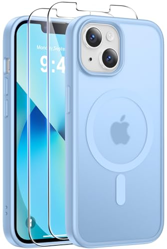 Qasyfanc Magnetic for iPhone 13/iPhone 14 Case with 2 Tempered Glass Screen Protector, Compatible with MagSafe, Shockproof Protection Translucent Matte Phone Case, Light blue