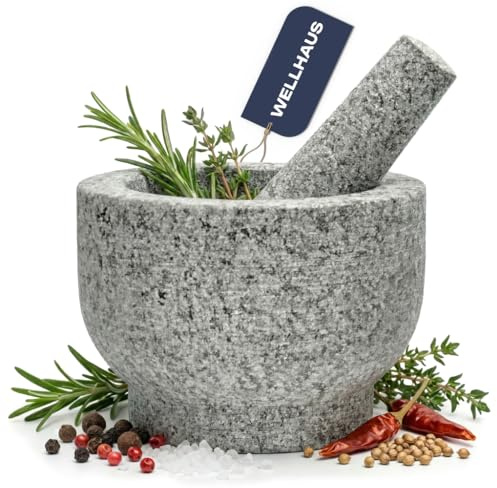 Wellhaus Mortaio con pestello, granito XXL, pietra naturale, grande tritatutto per erbe, noci, aglio, contenitore in pietra massiccio, design pesante, accessori da cucina (grigio)