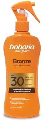 Babaria - Bronceador Crema Solar SPF30 en Spray | Acelerador Bronceado | Apta Para Pieles Sensibles | Coral Friendly y Biodegradable | Resistente al Agua | Vegano | 200 ml