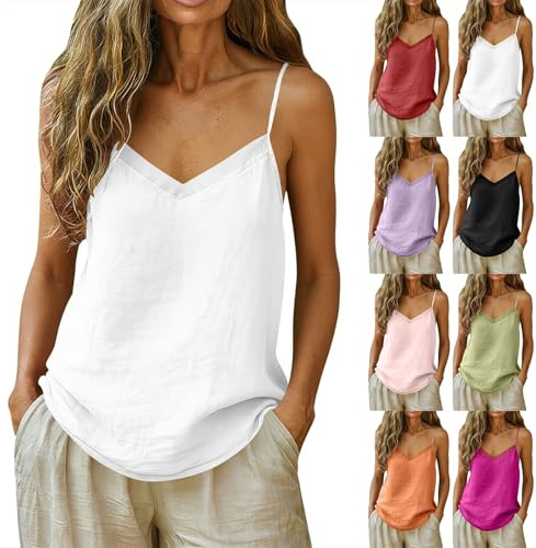 Debardeur Femme Coton Débardeur Lin Basic Caraco Chic et Élégant Réglables Bretelles Haut Sexy Tunique Fluide Tank Tops Ample Spaghetti Gilets sans Manches Tops Casual Camisole Mode Vêtements