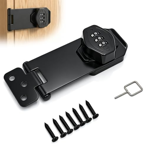 Cabinet Password Hasp Lock 3-Digit Heavy Duty Combination Locking Bolt, 4in | Black Zinc Alloy Shed Door Lock Keyless Hasp Latch Security Latch for Garage Barn Garden Cupboards Drawers
