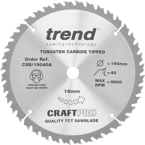 Trend Wood Circular Saw Blade, 190mm Diameter, 16mm Bore, 40 Teeth, 2.6mm Kerf, +15° Hook, TCT, Fine Finish, CSB/19040A