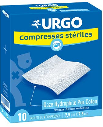 Urgo - Compresses de gaze stériles - Absorption - Boîte de 10 sachets de 2 compresses - 7,5cm x 7,5cm
