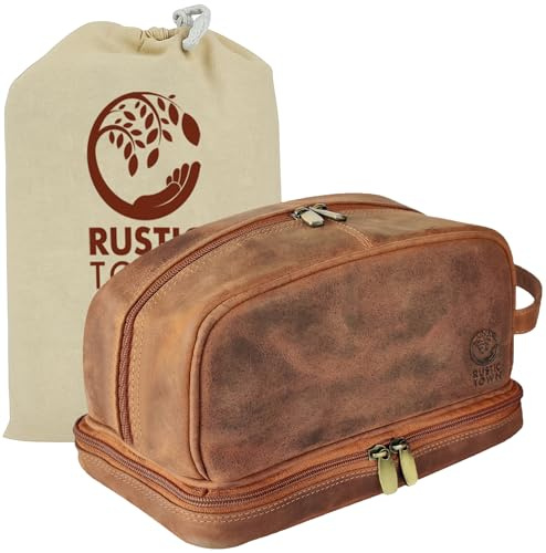 Neceser de Viaje de Piel auténtica, Organizador de higiene Dopp Kit por Rustic Town, Brown, M, Bolsas de Lavado de Cuero para Hombre