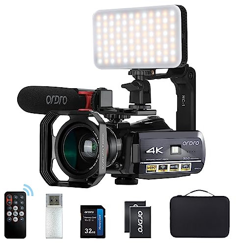 ORDRO 4K Camcorder Video Camera, IR Night Vision Camcorder, Vlogging Camera with Microphone, LED Light, Wide-Angle Lens, Handheld Holder and Carrying Case
