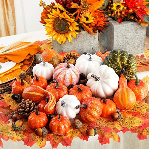 Benjia 102 Pcs Assorted Mini Artificial Pumpkins Fall Decoration Set, Small Fake Pumpkins Gourd Maple Leaves Pine Cones Acorns for Autumn Harvest Thanksgiving Halloween Decoration Faux Pumpkins