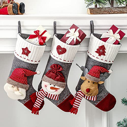 Nikolausstrumpf Set 3er Set Weihnachtsstrumpf Kamin 46cm Nikolausstiefel zum Befüllen Schneemann Elch Santa Weihnachtssocken zum Aufhängen für Familiendekorationen Hängendes Ornament (rot und grau)