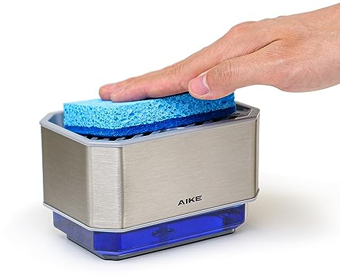 AIKE Diskmedelsdispenser för kök med svamp, diskmedelsdispenser i rostfritt stål, 240 ml diskmedel pumpdispenser