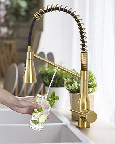 3-in-1 Küchenarmatur – Gebürstetes Gold Trinkwasser Wasserhahn kommerzieller Stil Pull-Down Einhand-Filter Küchenarmatur für Wasserfiltersystem