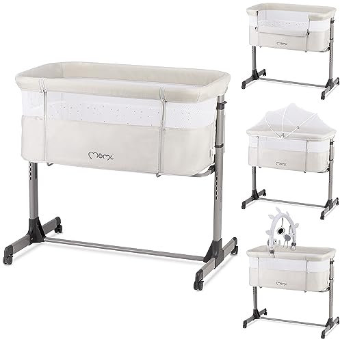 MOMI REVO, lit bébé Multifonction, avec Hauteur réglable en 6 Positions de 72 à 82 cm, avec roulettes, Matelas Inclus, Sangles de Fixation, moustiquaire et Barre de Jouets