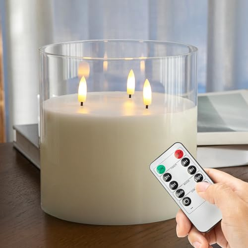 AFINETH Extra Large Flameless Candles with 3 Wicks, 6x6 Glass Battery Operated Candles with Remote, Real Wax Flickering LED Candles Fake Candle for Home, Wedding, Party, Clear