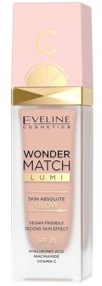 Eveline Cosmetics Wonder Match LUMI Foundation LSF 20 – Feuchtigkeitsspendende, ausgleichende Make-up-Formel mit Vit. C, Hyaluronsäure & Rosenextrakt – Strahlenden Glow & ebenmäßigen Teint