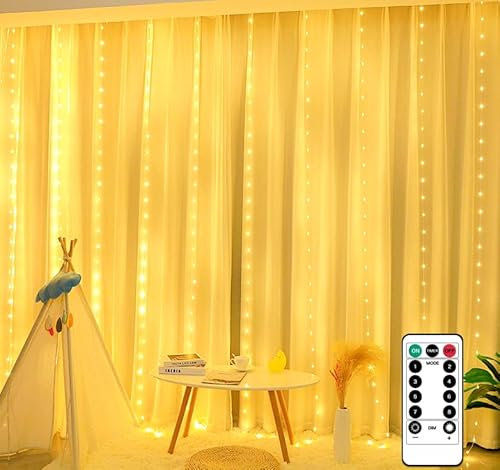 Kimuwote 3m x 2m 200 LED Curtain Light String Lights USB Curtain Fairy Lights Christmas Light Indoor for Christmas, Wedding, Birthday, Window, Home, Warm White