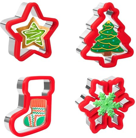 Formine Biscotti Natale Tagliabiscotti Natalizi Set Formine per biscotti in acciaio inossidabile Albero di Natale Calze di Natale Fiocchi di Neve Stella a Cinque Punte 4 Pezzi