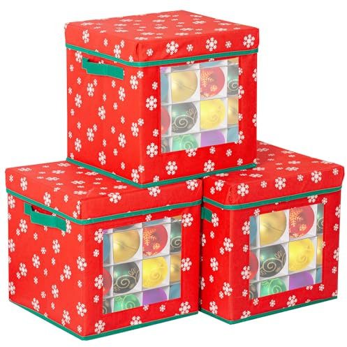 Anbtaee 3Packs Red Weihnachtsschmuck Aufbewahrungsbox für 192 Feiertagsornamente 7.5cm, Xmas Urlaub Aufbewahrungsbehälter mit Reißverschluss Deckel, zwei seitliche Griffe und Taschen