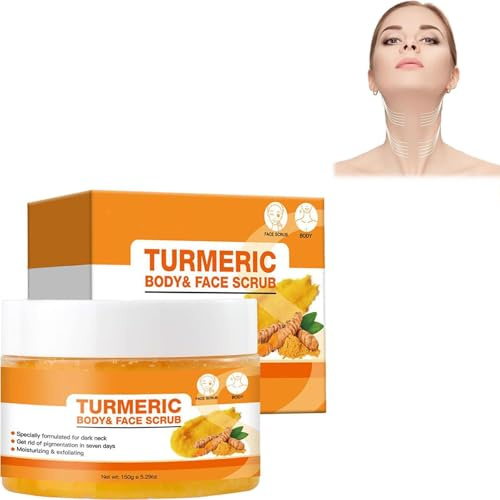 Exfolierande gurkmeja kroppsskrubbning, gurkmeja ansiktskroppsskrubbning, ljusare gurkmeja peeling, gurkmeja halsexfoliering, djuprengöring, jämnar ut huden och lyser upp huden