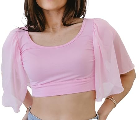 HALFTEE Waterfall Sleeve Layering Tee | Crop Tops for Women & Teens | Pink | L