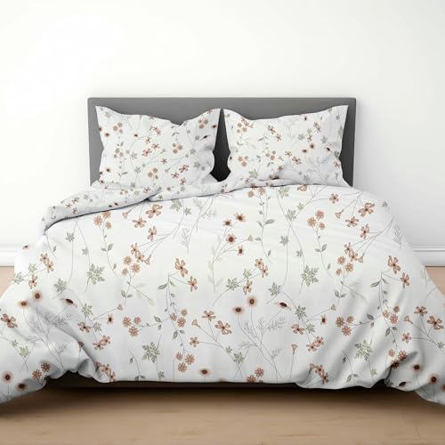 LINENWALAS 100 % percale bomull 2-delat påslakanset för enkelsäng, mjukt, fräscht och coolt lyxigt påslakanset med dragkedja sängklädesset (Crimson Flome, enkel)